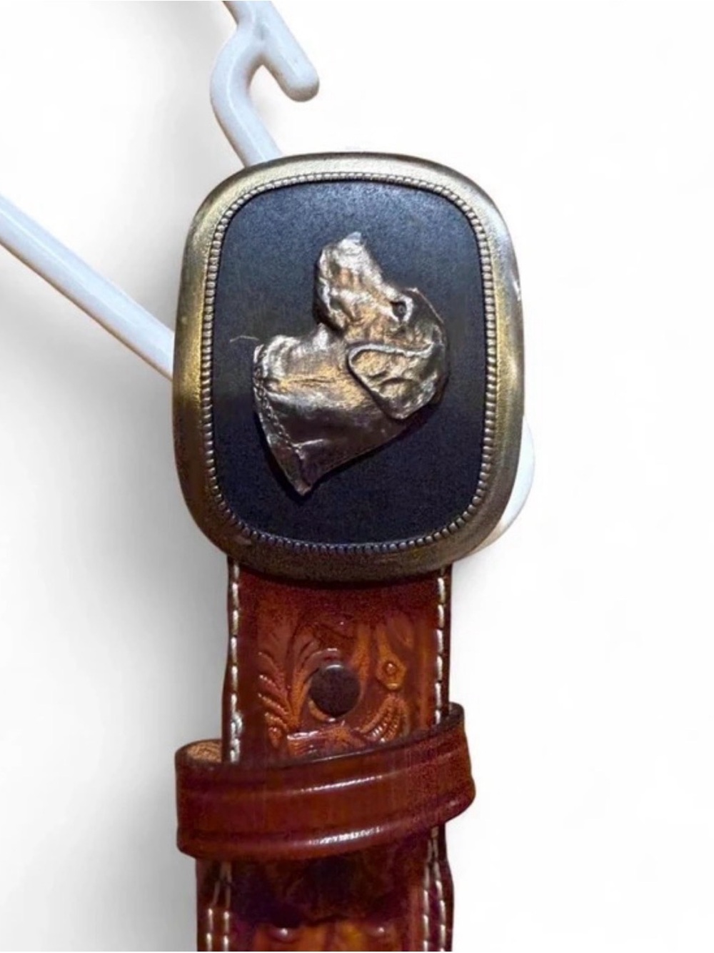Western Tooled Leather Belt with Sculpted Metal Horse Buckle - Brown & Brass
